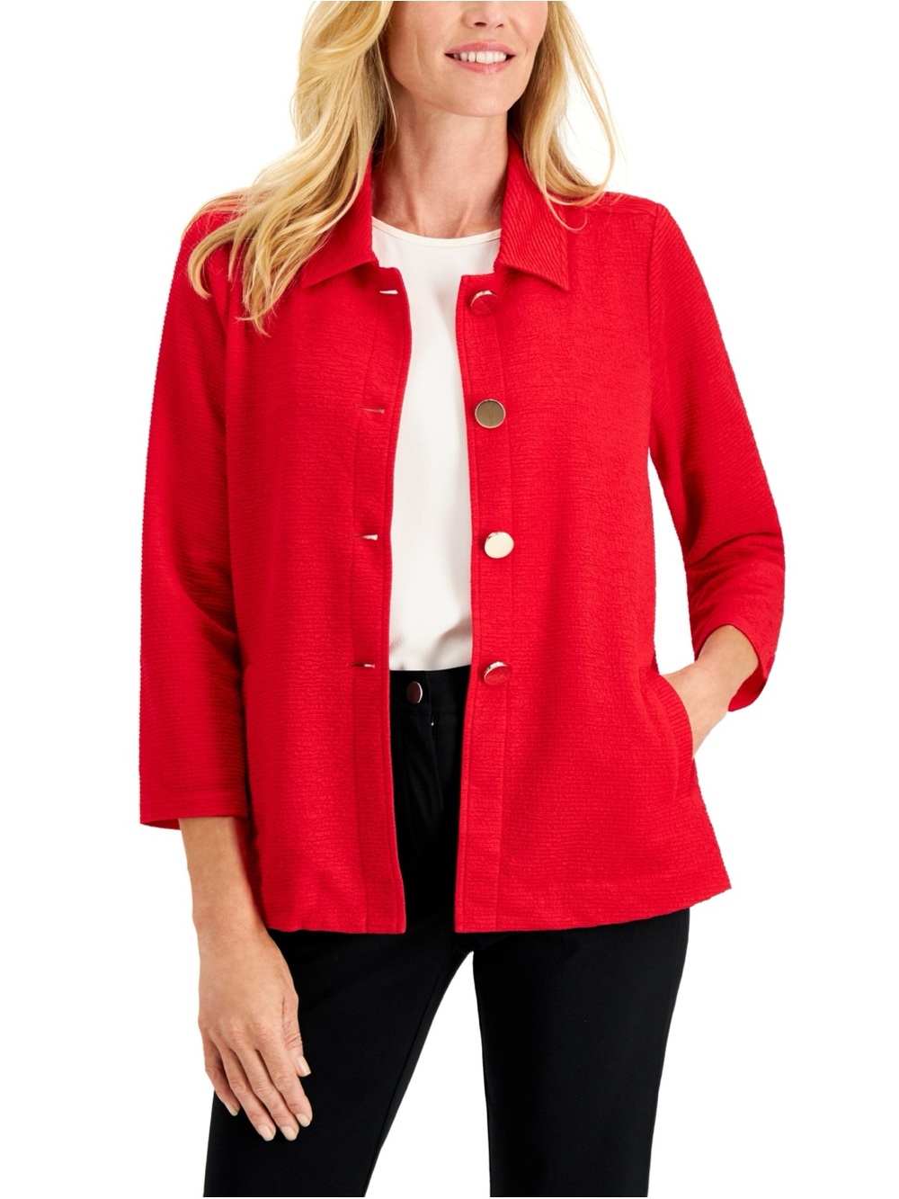 JM Collection Petite Textured Jacket, Button-Front Blazer-Real Red.R9C